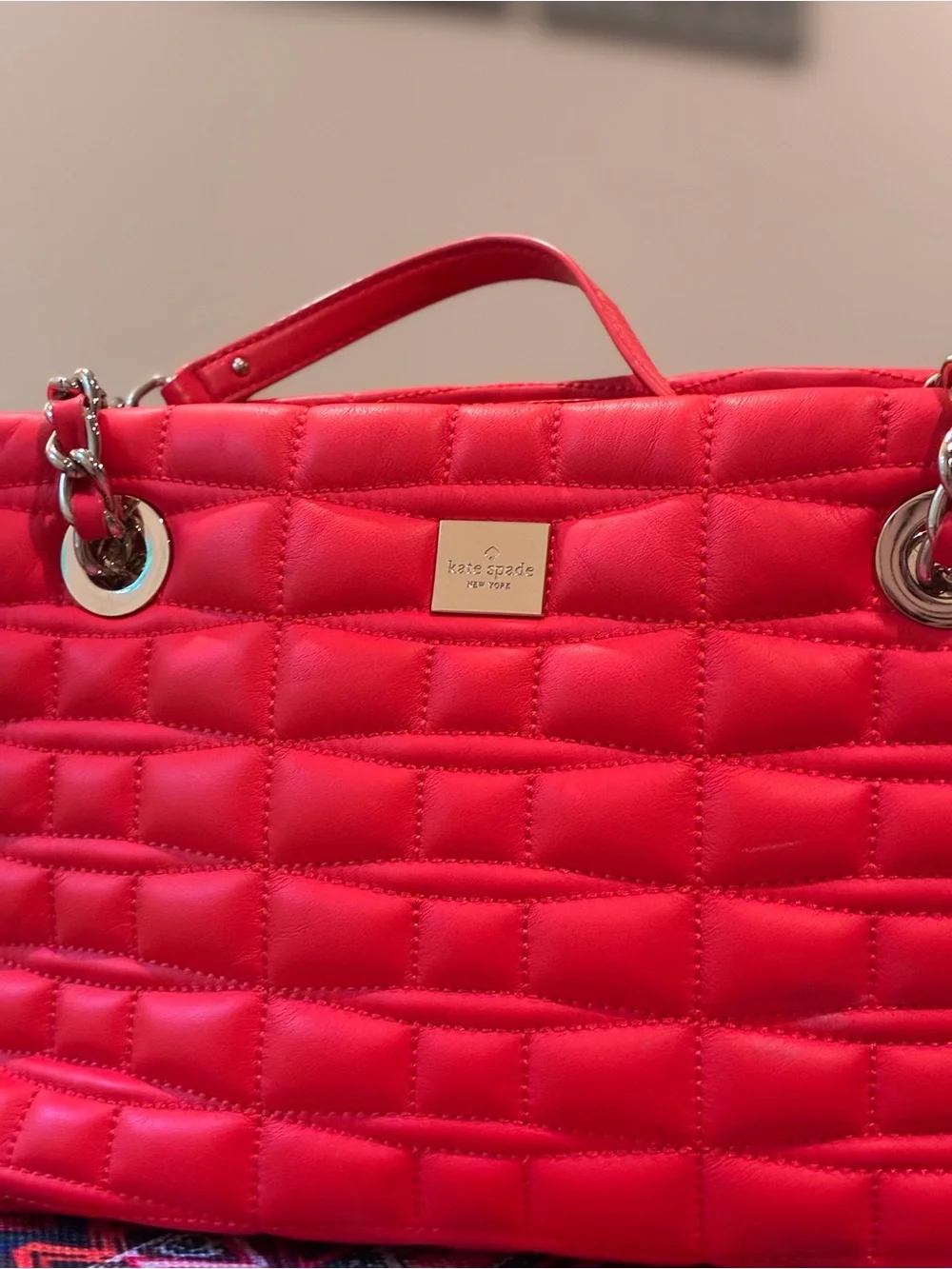 kate spade Quilted Red Tote with Chain-Detail Handles